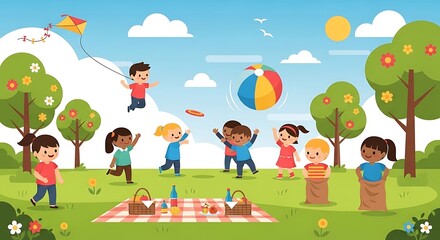 Obraz premium Happy Diverse Children Playing Outdoors in Park on Sunny Day, Kite Flying, Sack Race