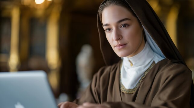 Young nun in modern habit using laptop in convent library, combining traditional religious vocation with technology for online ministry and community outreach, ideal for faith and innovation, and