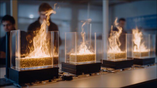 Aerogel thermal insulation samples demonstrating extreme temperature resistance in cryogenic testing chamber, translucent silica structures suspending between liquid nitrogen and blowtorch heat
