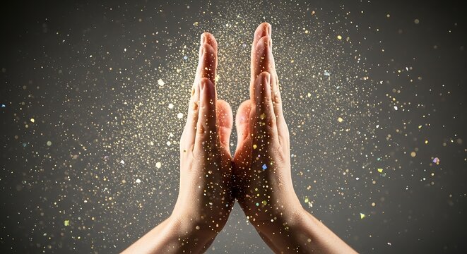 Closeup of two hands held together with golden glitter particles floating in the air against a dark grey background, symbolizing magic or energy