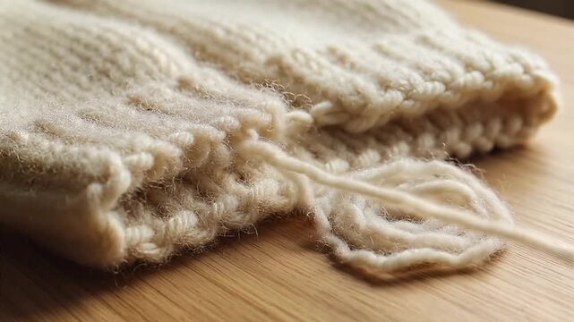 Close-up of a knitted fabric with a loose thread being pulled.