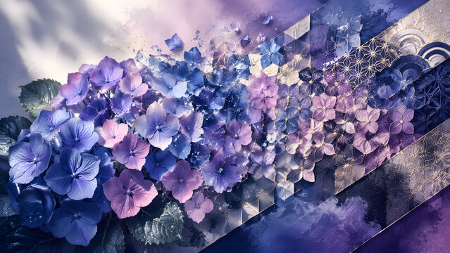 Decorative Hydrangea Pattern in Blue Purple and Pink with Geometric Japanese-Inspired Gold Accents