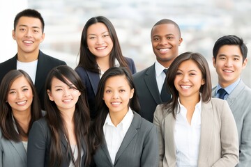Fototapeta premium Diverse group of professionals posing together smiling representing teamwork success and inclusive workplace culture