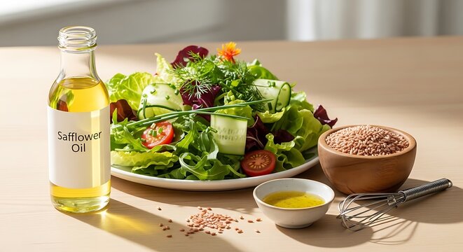 A bottle of golden safflower oil beside a fresh green salad with edible flowers and a bowl of seeds. safflower oil