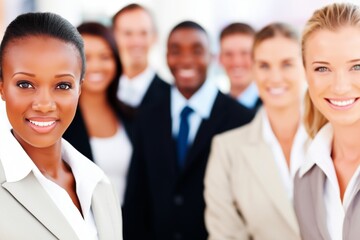 Fototapeta premium Confident businesswoman portrait with team behind representing leadership success diversity and professional workplace environment
