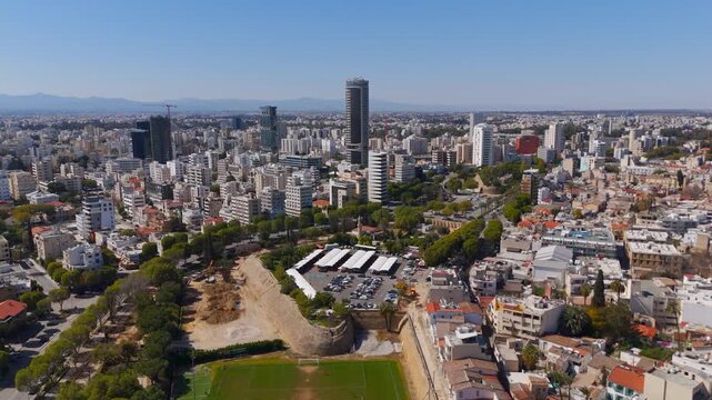 Aerial Drone Orbit of Podocatoro Bastion and Historic Venetian Walls Architecture in Nicosia