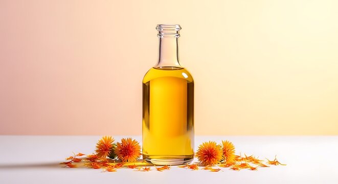 A glass bottle filled with golden safflower oil surrounded by vibrant orange flower petals on a table. safflower oil
