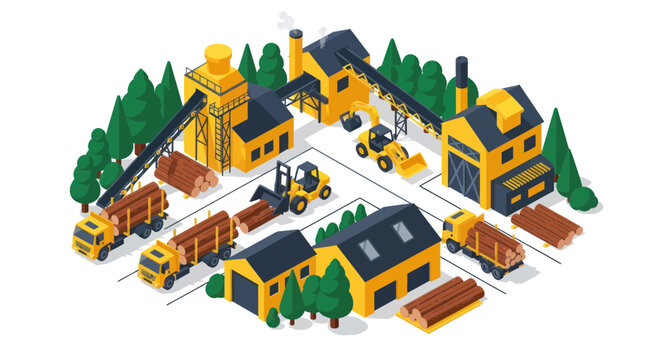 Wood Processing Plant: Logging Trucks, Forklifts, Sawmill Buildings, Conveyor Belts