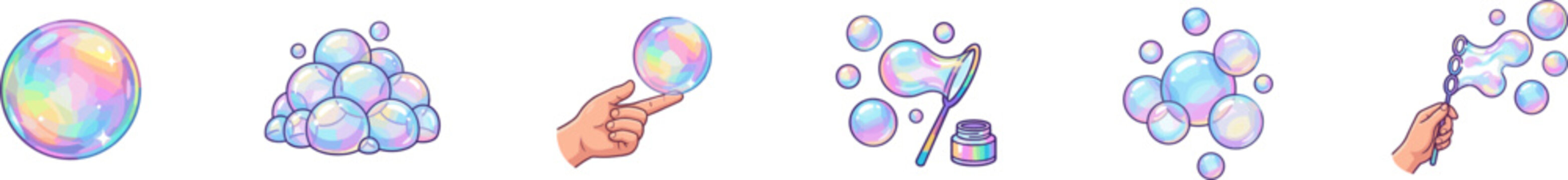 Collection of colorful soap bubble and wand vector icons.