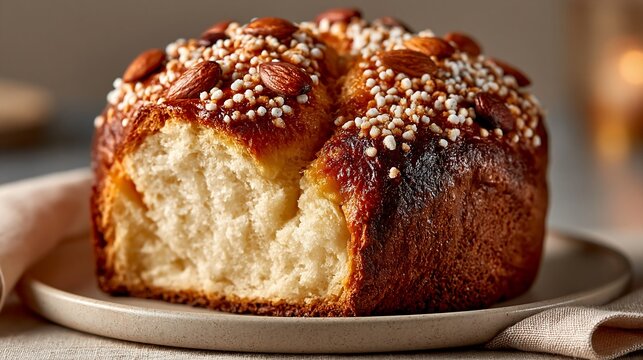 Traditional Italian colomba cake with almonds and pearl sugar