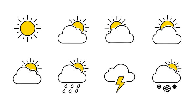 Weather forecast illustrations depicting various conditions with sun, clouds, rain, and snow
