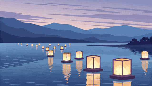 Floating lanterns on a calm lake at dusk with mountains in the background vector illustration