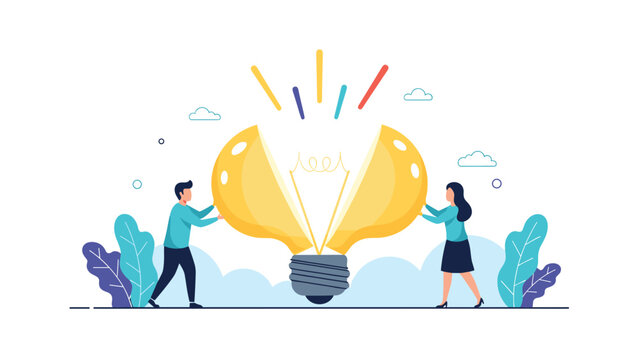 Creative team of a man and a woman opening a giant glowing lightbulb to discover new business ideas and solutions.