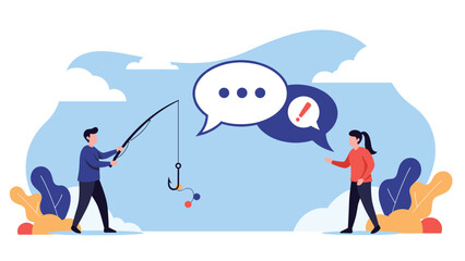 Obraz premium Man uses a fishing rod to catch speech bubbles during a conversation with a woman, illustrating communication, social engineering, or gathering info.