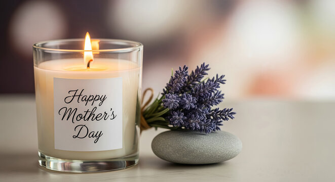 Burning candle with label Happy Mothers Day and lavender flowers on stone. Spa atmosphere for relaxation and zen. Aromatherapy concept for spring celebration and home decor gift.