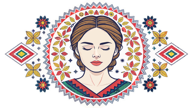Serene woman portrait in ethnic folk art style with geometric patterns