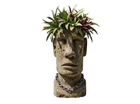 A stone head with a plant growing out of it, perhaps ancient or ruined