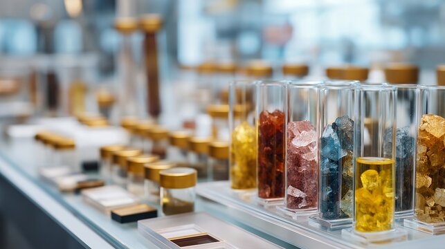 Volcanic ash laboratory analysis station with microscope slides showing mineral composition, geochemical testing equipment and sample vials organized in illuminated research facility, ideal for