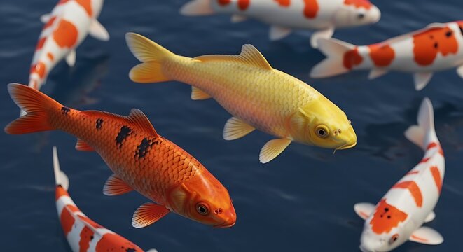 Vibrant group of koi fish swimming in a dark blue pond.