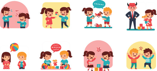Fototapeta premium Children behavior and emotions illustration set featuring kids playing arguing sharing learning and parenting situations in colorful cartoon style collection