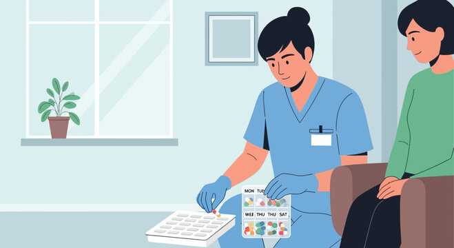 Nurse helps elderly patient organize daily medication in pill organizer box