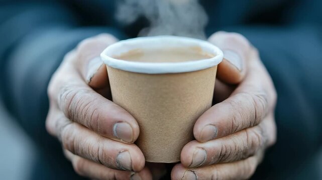 Hands with callouses hold a warm paper cup filled with steaming coffee. The chilly morning air is clear. A simple moment of warmth taken outside