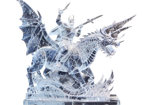 An ice sculpture of a dragon with a knight riding its back