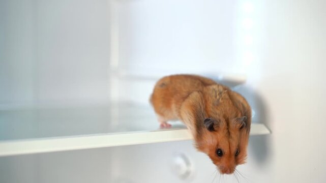 A cute Syrian hamster sitting inside a refrigerator, creating a humorous and unexpected pet moment.
