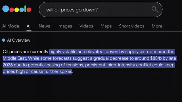 will oil prices go down  search engine text animation with documentary style search bar animation for news topic and trend
