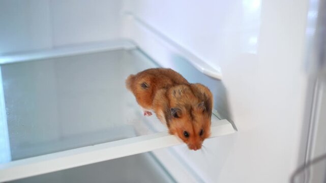 A cute Syrian hamster sitting inside a refrigerator, creating a humorous and unexpected pet moment.