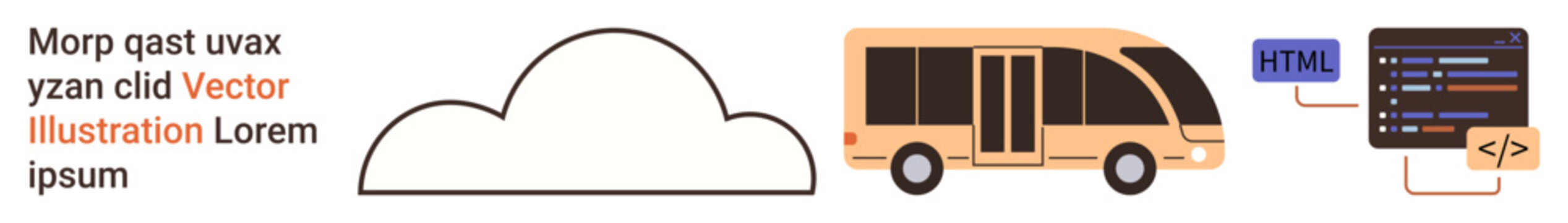 Cloud computing, transport services, web development, digital tools, coding applications, and technology. Minimalist cloud, minibus and programming code interface illustration. Cloud computing