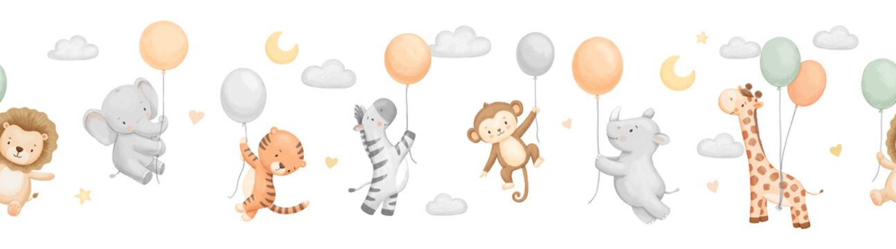 Seamless border with african cute animals with balloons in sky on isolated background, repeating childish watercolour painting