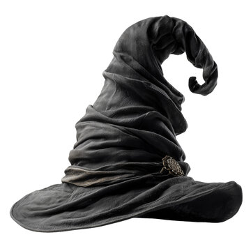 Dark Grey Vintage Witch Hat with Antique Brooch Isolated for Halloween and Magic Concept isolated on transparent or white background, png