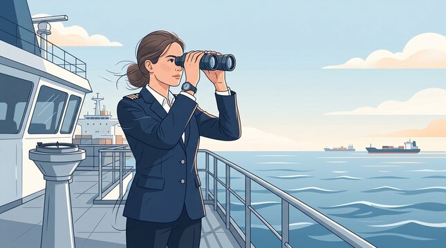 Showing Day of the Seafarer through bridge-watch duty with binoculars at sea
