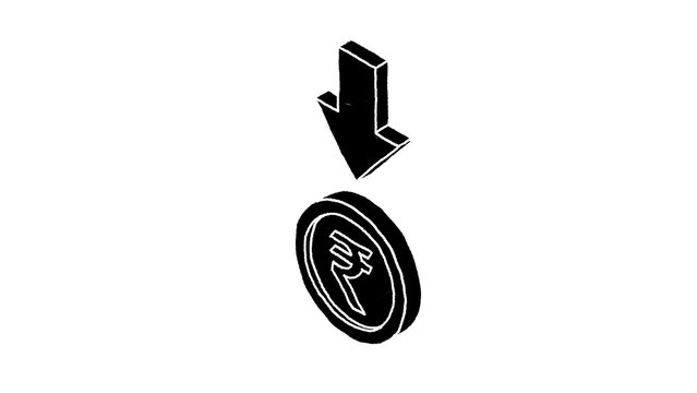 3D white chalk outline arrow pointing down at Indian Rupee coin, financial decline concept, alpha transparent image