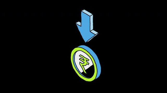 Hand drawn 3D blue downward pointing arrow and Indian rupee coin 4k animated video, alpha transparent video