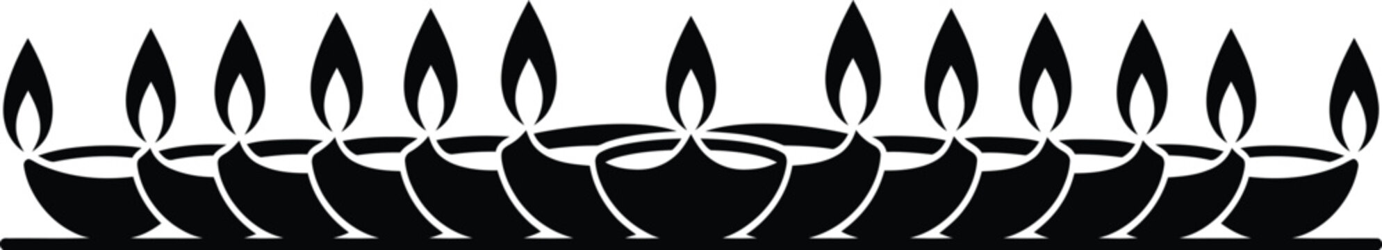 A row of eleven black oil lamps with pointed flames arranged symmetrically on a white background... pattern