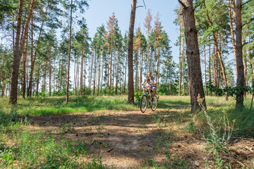 Obraz premium father riding a bike in summer forest with his baby daughter sitting in child seat