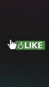Vertical composition showing green like button on dark gradient with pixel cursor interaction, optimized for mobile storytelling and positive engagement scenarios