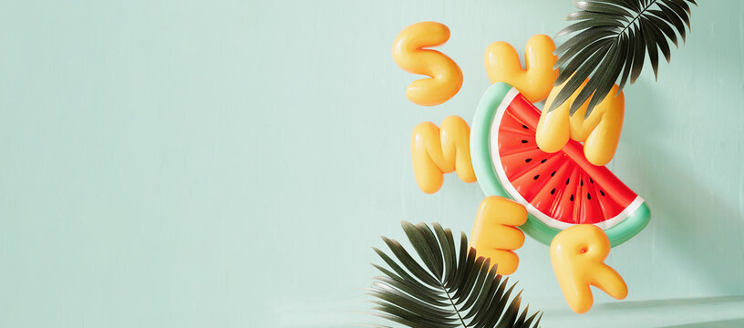 Summer concept with inflatable watermelon and yellow summer text on turquoise blue background with copy space. 3D Rendering, 3D Illustration