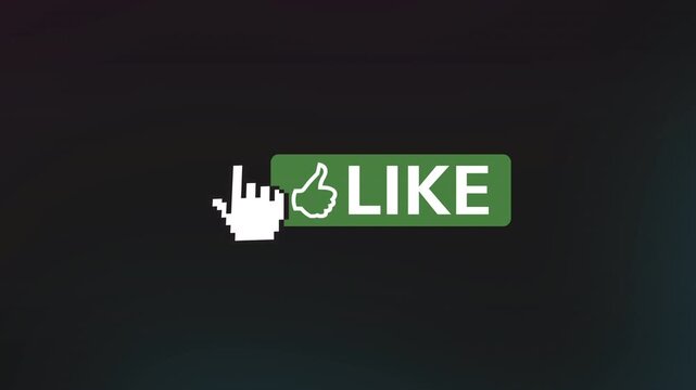Green like button with thumbs up icon on dark gradient background as pixel cursor approaches, representing positive feedback interaction and modern digital interface design.