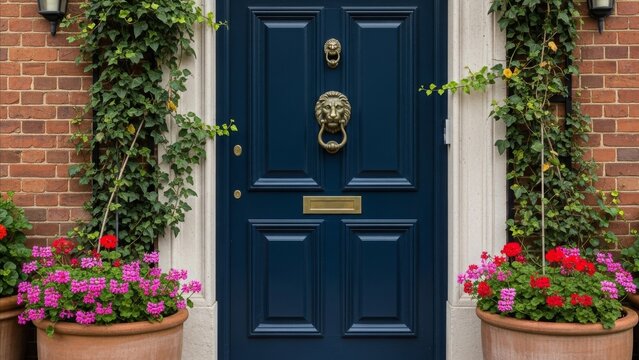 Architecture - Navy Blue Paneled Front Door with Brass Lion Head Knocker and Colorful Geranium Flower Pots