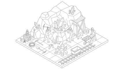 Obraz premium Isometric illustration of a fantasy mine scene with miners, crystals, and a large creature.