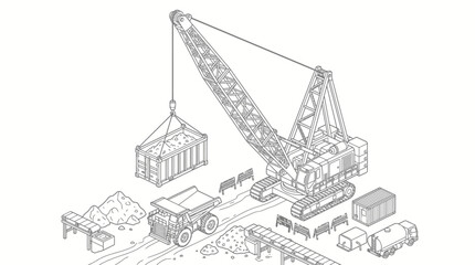 Fototapeta premium Isometric illustration of a construction site featuring a large crane lifting a container onto a dump truck, surrounded by mining equipment and materials.