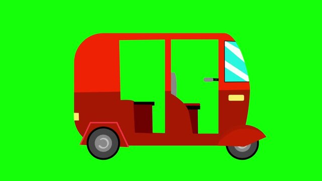 Red motorized three-wheel rickshaw illustration isolated on green screen and black silhouette on white