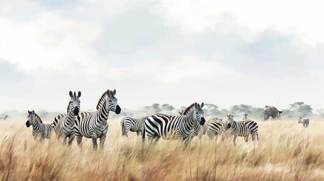 Herd of Zebras Grazing and Standing in a Golden Savannah Under a Blue Sky