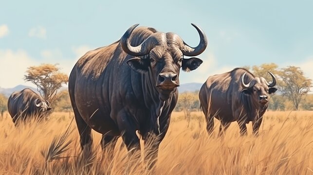 Herd of African Cape Buffalo Standing in Golden Savanna Under Warm Lighting