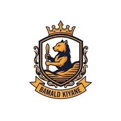 Obraz premium Stylized wolf holding a spear in a heraldic shield and crown emblem with a text banner