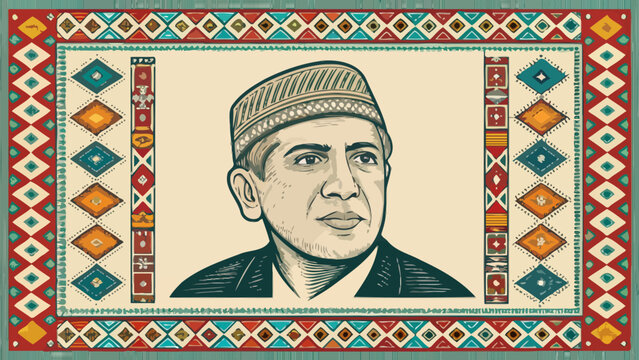 Portrait illustration of a man wearing a traditional cap, stylized graphic design with geometric border