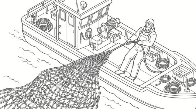 A fisherman in overalls and a hat pulls a large fishing net from the water onto a boat.